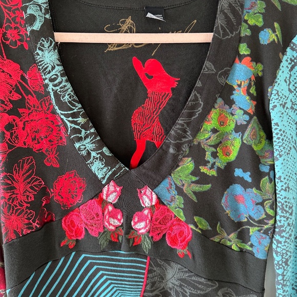 Desigual Long Sleeve Dress, Floral/Stripe/Dancing Figures/Horse Print, Large - Picture 9 of 12